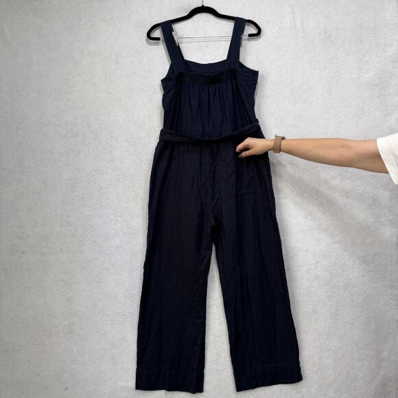 Quince Jumpsuit Womens XS Navy 100% Linen Wide Leg Tie Waist Pockets Square Neck - Picture 8 of 13